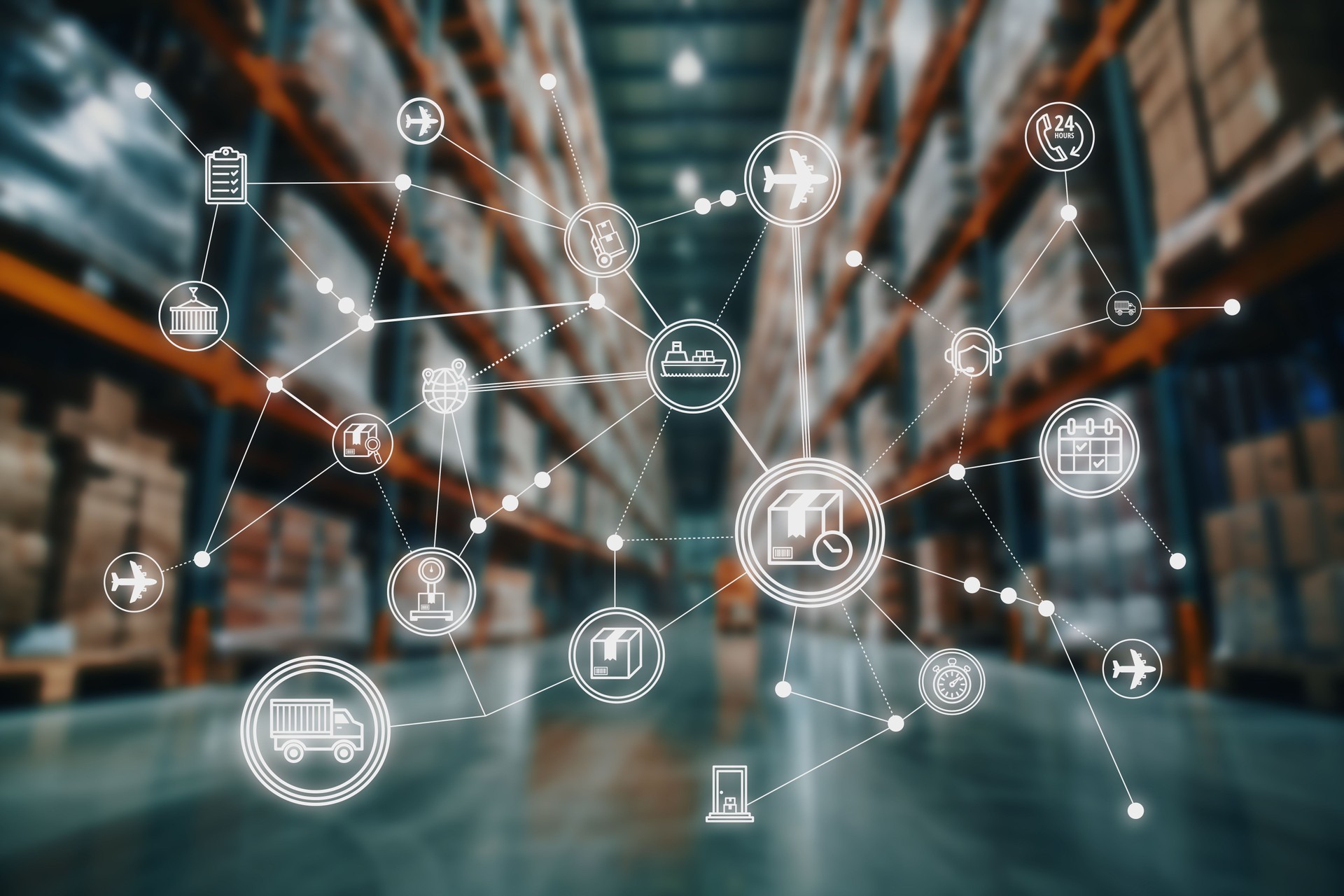 Digital Logistics and Supply Chain Network Icons Over Warehouse Background